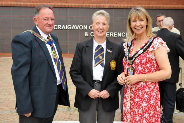 Lord Mayor of Armagh City, Banbridge and Craigavon, Councillor Margaret Tinsley chats with Lurgan Bowling Club President Neill Sloan and Past President Irene Cunningham.