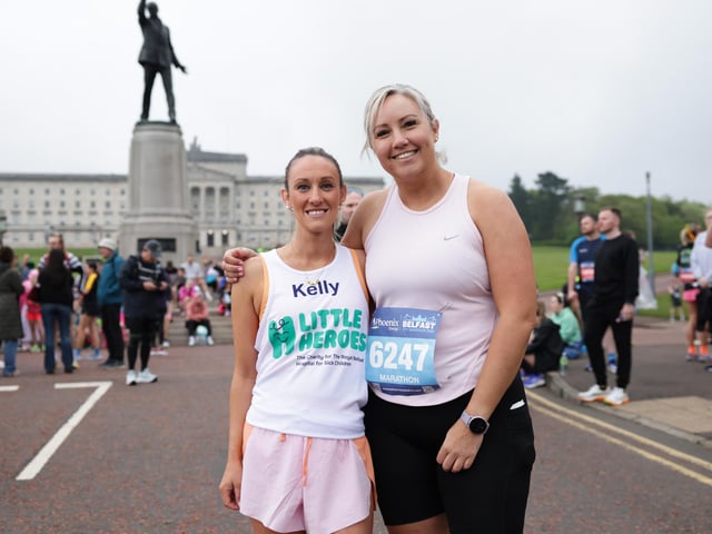 DUP MLA Diane Forsythe with Kelly Graham at the Phoenix Energy Belfast City Marathon leaving the grounds of the Stormont Estate.