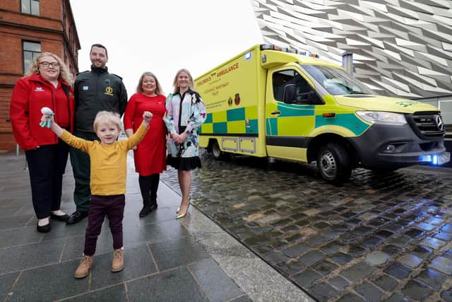 Pictured at the launch of NI’s first children’s ambulance, are from left, Emma Thompson, Lead Nurse at NISTAR, Ciaran McKenna, Assistant Director of Operations at NIAS, Joanne McCallister, Chief Executive of Children’s Heartbeat Trust, Edel McInerney and her son, Fionn, a local heart family.