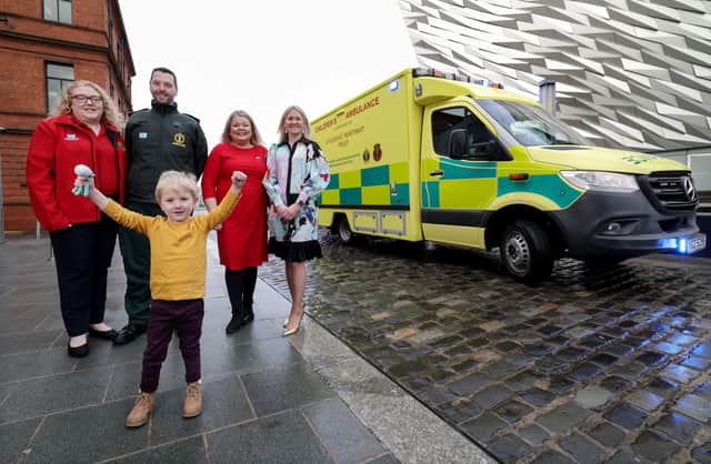 Pictured at the launch of NI’s first children’s ambulance, are from left, Emma Thompson, Lead Nurse at NISTAR, Ciaran McKenna, Assistant Director of Operations at NIAS, Joanne McCallister, Chief Executive of Children’s Heartbeat Trust, Edel McInerney and her son, Fionn, a local heart family.