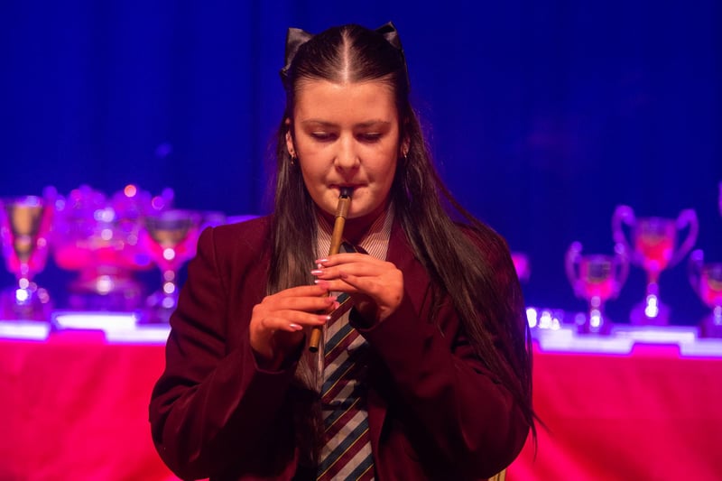 Lucy Scullion displays her skill on the tin whistle on the final night of Portadown Music Festival. PT16-216.
