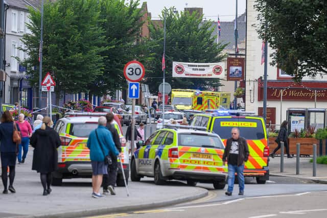 Police in Carrickfergus have closed High Street, Castle Street and part of the Marine Highway close to the town centre following a serious road traffic collision. Photo: Pacemaker Press