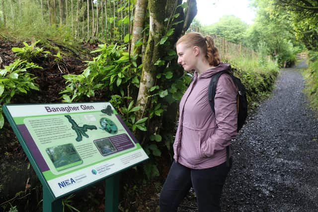 Jessica Hoyle from Tourism NI takes in the new interpretive signage at Banagher Glen. Credit: Causeway Coast and Glens Borough Council
