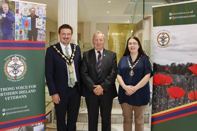 Veterans Commissioner, Mr Danny Kinahan, with Cllr Carson, Mayor Lisburn and Castlereagh City Council and deputy Lord Mayor of Belfast, Cllr Kelly