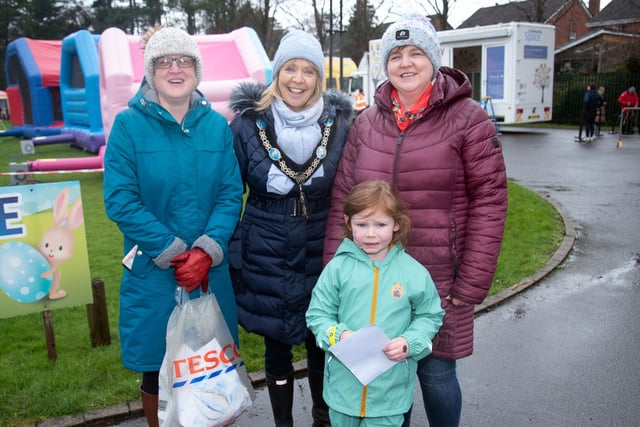 Enjoying the Lord Mayor's Easter Trail and fun day at Tannaghmore Gardens are from left, Lynn Mullan; Lord Mayor of ABC Council, Alderman Margaret Tinsley, Lois Farley (6) and Helen Farley. PT13-255.