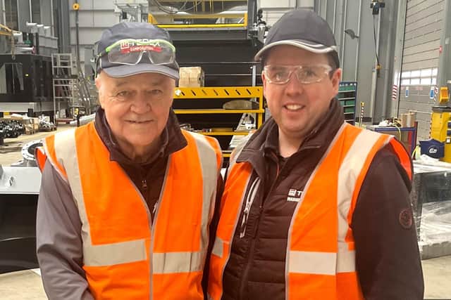 Justin Donnelly with Barry McMenamin, Terex Washing Systems, Business Line Director, Terex Washing Systems at Justin’s 55-year celebration event at the Terex Farlough Road site in Dungannon. Credit: Submitted
