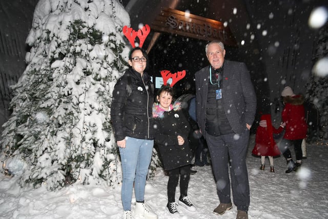 Gerry Kelly, President of NI Children to Lapland and Days to Remember Trust is with Kirsten and Jacqueline Thompson as the arrive at Santa Park in Lapland.