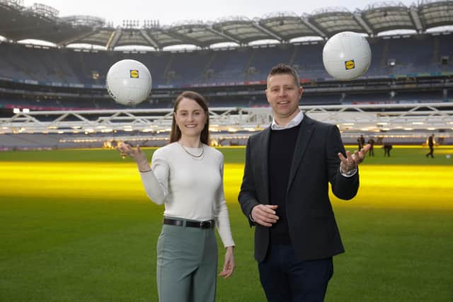 LIDL Picture Conor McCabe Photography. : Ciara Mageean and Robert Ryan, CEO Lidl Ireland and Northern Ireland, joined Lidl and the LGFA to ‘Get Behind the Fight’ at the 2025 National Football League Launch in Croke Park. .