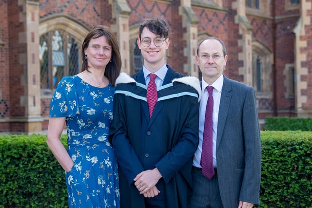 Matthew Taylor graduates with a first-class degree in Anthropology and Philosophy from Queen’s University Belfast. Matthew is pictured with his mum Janine and Alan