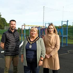 Richard Stuart, Manging Director of Garden Escapes Ltd; Lord Mayor of Armagh City, Banbridge and Craigavon Borough, Cllr Mary O;Dowd; Claire Duddy, Head of Climate, Sustainability & Parks, ABC Council.Picture: Liam McArdle