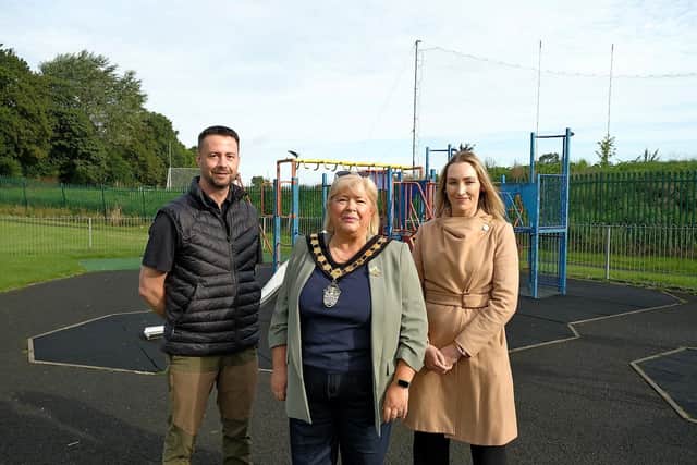 Richard Stuart, Manging Director of Garden Escapes Ltd; Lord Mayor of Armagh City, Banbridge and Craigavon Borough, Cllr Mary O;Dowd; Claire Duddy, Head of Climate, Sustainability & Parks, ABC Council.Picture: Liam McArdle