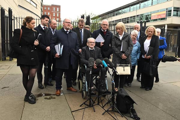 Kingsmill Massacre survivor Alan Black speaks to the media outside Laganside Courts, Belfast, following the conclusion of the inquest for the victims of the Kingsmill massacre, in which 10 Protestant textile workers were shot dead when their minibus was ambushed outside the village of Kingsmill on their way home from work on January 5 1976. Photo: Oliver McVeigh/PA Wire