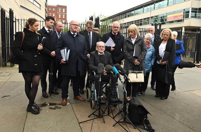 Kingsmill Massacre survivor Alan Black speaks to the media outside Laganside Courts, Belfast, following the conclusion of the inquest for the victims of the Kingsmill massacre, in which 10 Protestant textile workers were shot dead when their minibus was ambushed outside the village of Kingsmill on their way home from work on January 5 1976. Photo: Oliver McVeigh/PA Wire