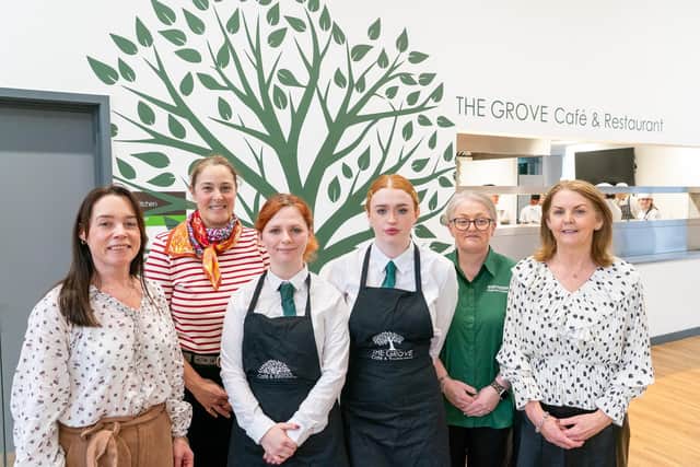 Clare Quinn, Trade Engagement Officer, and Zoe Bratton, Product Development Officer, Causeway Coast and Glens Borough Council, with Level 2 Hospitality trainees Ciara and Ellah and Northern Regional College’s Emma Louise Davis and Gabrielle Quinn.