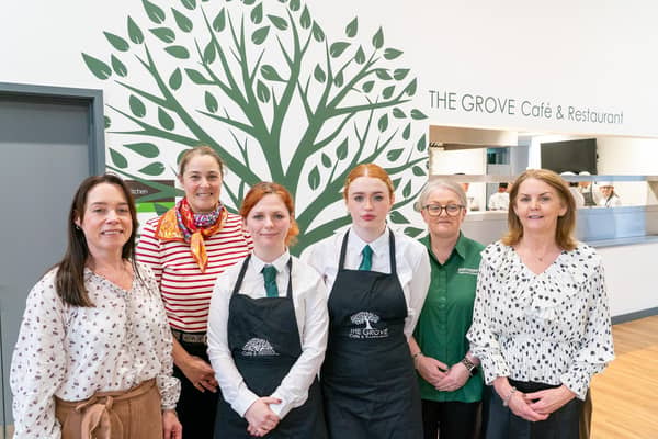 Clare Quinn, Trade Engagement Officer, and Zoe Bratton, Product Development Officer, Causeway Coast and Glens Borough Council, with Level 2 Hospitality trainees Ciara and Ellah and Northern Regional College’s Emma Louise Davis and Gabrielle Quinn.