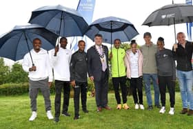 Pictured with the Mayor of Mid and East Antrim, Alderman Noel Williams are some of the runners and organisers of the Antrim Coast Half Marathon ahead of Sunday's race.