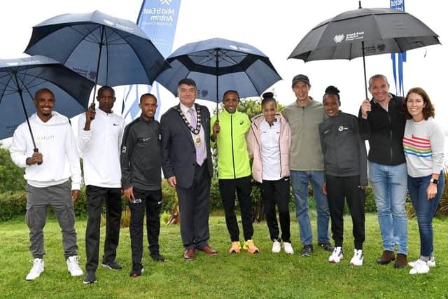 Pictured with the Mayor of Mid and East Antrim, Alderman Noel Williams are some of the runners and organisers of the Antrim Coast Half Marathon ahead of Sunday's race.