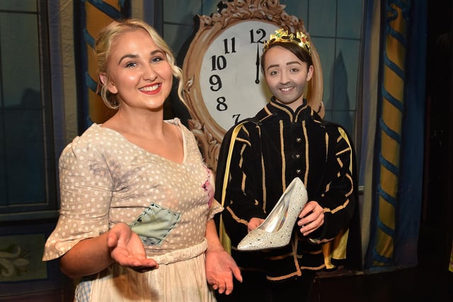 Just Charming...Laura Clayton, left, who plays Cinderella and Jacqui Hawthorne who plays the prince in the Gateway Theatre Group 40th anniversary pantomime. PT01-229.