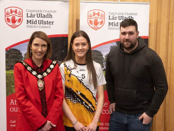 Pictured at the Civic Awards with Chair of the Council, Councillor Córa Corry, is Lana Sheehy who was selected for the Ulster PPS Ladies Football All-Star panel for 2023. Also pictured is nominating councillor, Councillor Dan Kerr.