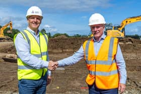 Jeremy Eakin, Chief Executive Officer, Eakin Healthcare, oversees the start of construction on the £5million extension project with Pat Cleary, Managing Director, Cleary Contracting Ltd. Credit Eakin Healthcare