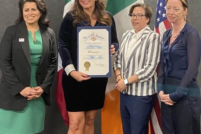 Aida Velasco, Consul for Political Affairs Mexico; Joan Burney Keatings MBE, chief executive, Cinemagic; Gloria Cruz, Director for political affairs and advocacy, Coalition for Humane Immigrant Rights (CHIRLA); and Marcella Smyth, Consul General of Ireland.