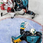 Belfast Giants’ Jackson Whistle and Mark Garside with Cardiff Devils’ Trevor Cox during an EIHL game at the SSE Arena, Belfast    Photo by William Cherry/Presseye