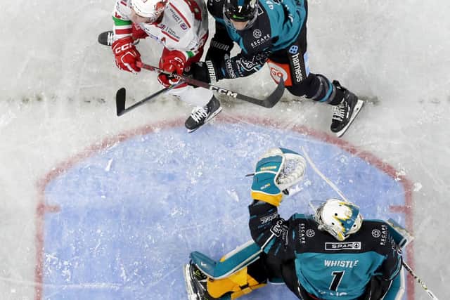Belfast Giants’ Jackson Whistle and Mark Garside with Cardiff Devils’ Trevor Cox during an EIHL game at the SSE Arena, Belfast    Photo by William Cherry/Presseye