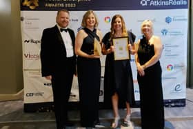 Aoife Hamilton and Sandra Bolan from High Rise Lisburn being presented with the Award for Best Use of Social Media by representatives of the Northern Ireland Housing Executive, at the Social Enterprise NI Awards. Pic credit: Social Enterprise Northern Ireland Awards