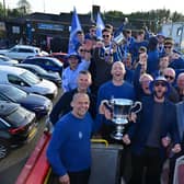 Irish Cup winners Dungannon Swifts enjoy a open top bus tour through the town.