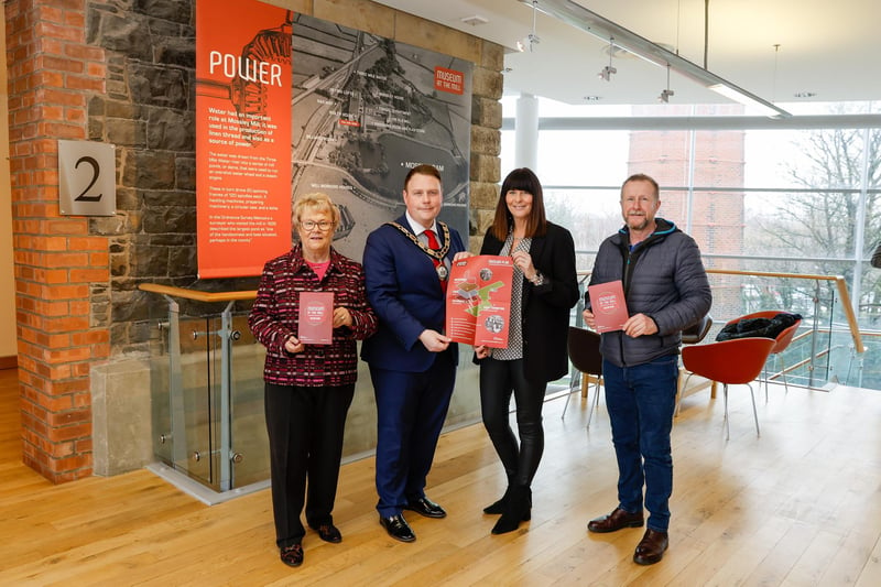 Cllr Vera McWilliam, Cllr Mark Cooper (Mayor), Ursula Fay (Director of Community Planning) and Ald Stephen Ross at Mossley Mill.