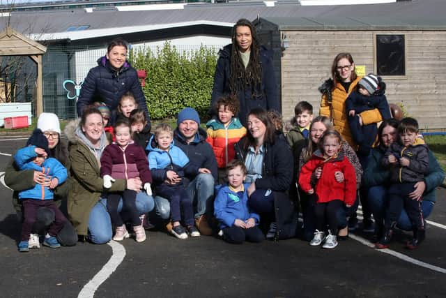 Parents and pupils at Ballymena Nursery School. Picture: Declan Roughan