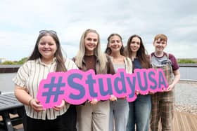 From left: Sarah MacFarlane (Ballymena), Ellie Mayne (Antrim), Sarah Donaghy (Antrim), Katie McClean (Antrim) and Em McCaughey (Ballymena) are set for a year in the US through the British Council’s Study USA programme.