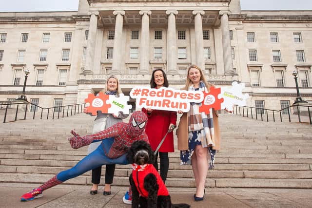 Diane, Tara, Lisa, Spiderman and Iggy the Dog help to launch this year's Chest, Heart and Stroke fun run