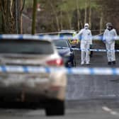 OMAGH, NORTHERN IRELAND - FEBRUARY 23: Police and forensics are seen at the scene of last nights shooting of a high profile PSNI officer at the Youth Sports Centre on February 22, 2023 in Omagh, Northern Ireland. (Photo by Charles McQuillan/Getty Images)