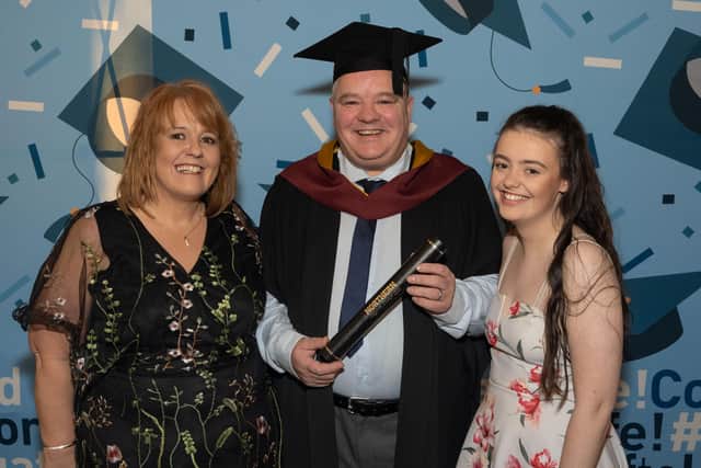 Northern Regional College’s Facilities Manager, Gregory Mulholland pictured with his wife Alana and daughter Ciarrai at the College’s annual Higher Education Graduation ceremony at Tullyglass House Hotel in Ballymena. Credit Chris Neely