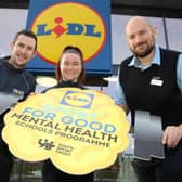 Pictured with Lidl Castlereagh Road store manager Andrew Burwood are Lidl Northern Ireland’s Sport for Good Mentors, Paralympic Champion Michael McKillop MBE and Irish hockey legend Shirley McCay MBE.
