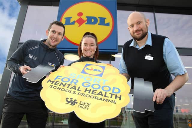 Pictured with Lidl Castlereagh Road store manager Andrew Burwood are Lidl Northern Ireland’s Sport for Good Mentors, Paralympic Champion Michael McKillop MBE and Irish hockey legend Shirley McCay MBE.