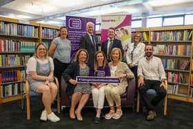 back row is Jane Robertson – Fundraising & Engagement Co-ordinator (Action Mental Health), David Babington – CEO (Action Mental Health), Jim O’Hagan – CEO (Libraries) and Libraries NI staff member Sharon Hawthorne. Front row are all staff members from Libraries NI -  Danielle Thomas, Ciara Mallon-Toner, Christine Aiken, Bernie McCann and Michael Fry. Pic credit: Libraries NI