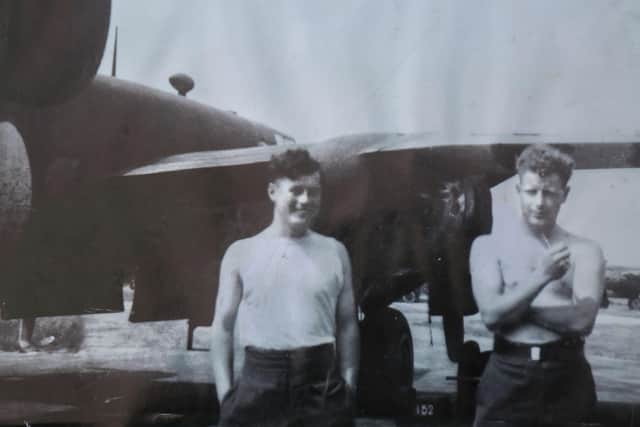 Fred Jennings pictured in 1945 at (the former Luftwaffe) Melsbreek airfield which became Brussels International Airport. He is pictured with Royal Canadian Airforce technician named Darcy Frizzell from North Bay, Ontario. Pic contributed by Ulster Aviation Society