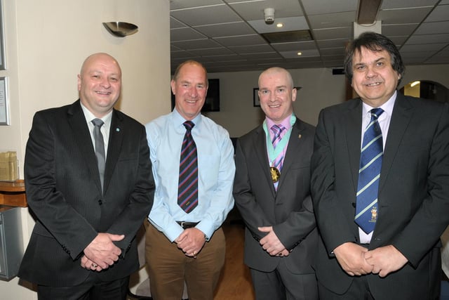 Jeff McWhirter, Sec, David Lyness, Deputy Provincal Grandmaster for Co. Antrim, Jock McToal, Chairman and Treasurer, Graham Todd at a charity breakfast in Larne Masonic Centre in 2015. INLT 17-236-AM