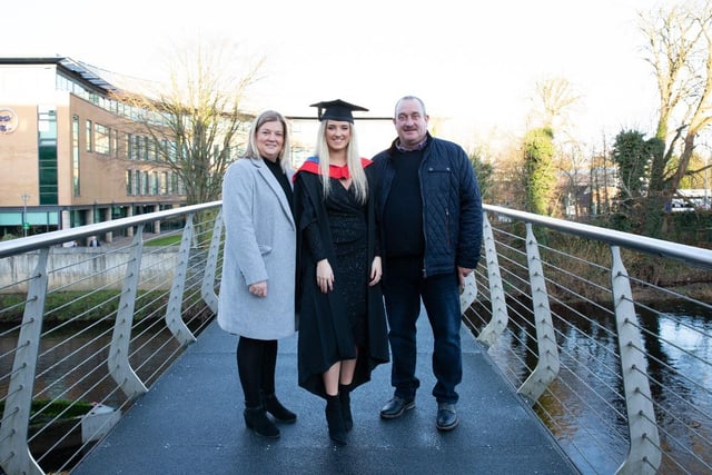 South West College (SWC) Omagh campus graduate Emily Patterson from Cookstown with her Mum and Dad, celebrating her achievements on the Accounting Technicians Ireland Level 5 Diploma for Accounting Technicians.