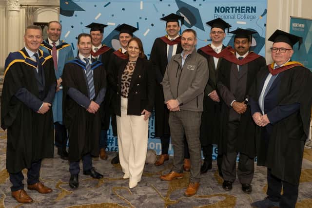 Six employees from County-Antrim based injection moulding company, IPC Mouldings, recently graduated from the ILM Leadership and Management Programme from Northern Regional College. Pictured at the graduation ceremony (L-R) are Graham Whitehurst MBE, Ken Nelson MBE, Mel Higgins, Simon Fuller, Rowan McFarland, Joanne Liddle, Warren Hanley, Graeme Bennett, Ben Middleton, Rajeev Mathew and John McPherson.