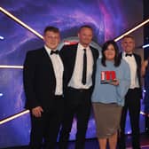 Pictured receiving the award for Britain’s Best Burger at the 2023 Meat Management Awards are from left Matt Dawson M&S Lead Product Developer; Diane Christie Head of Innovation ABP Linden Foods; Daniel Murphy M&S Business Unit Controller ABP Linden Foods; Caoimhe Mallon Technical Manager ABP Linden Foods with the MC for evening, Mark Watson. Credit: Contributed