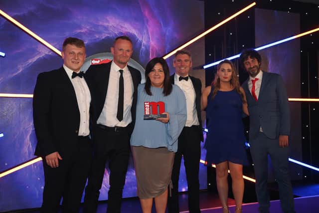 Pictured receiving the award for Britain’s Best Burger at the 2023 Meat Management Awards are from left Matt Dawson M&S Lead Product Developer; Diane Christie Head of Innovation ABP Linden Foods; Daniel Murphy M&S Business Unit Controller ABP Linden Foods; Caoimhe Mallon Technical Manager ABP Linden Foods with the MC for evening, Mark Watson. Credit: Contributed