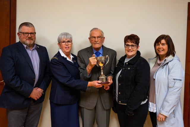 Presentation of new cup to the company in memory of Pearl McCormick, former Captain, by Mr Harry McCormick and family members to Linda Ferguson, Captain and Rev Alan Dickey, Chaplain.