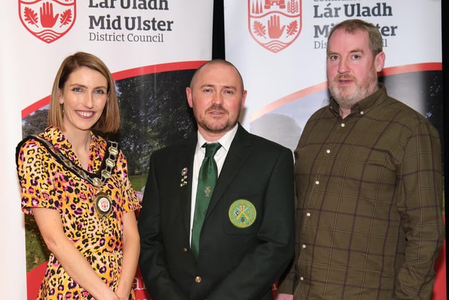 2022 Irish Open FITASC Clay Target Shooting winner, Gerard Donnelly, at the Civic Awards with Council Chair, Councillor Corry and nominating councillor, Councillor Totten.