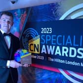 Conor Dallas (25) from Loughguile, County Antrim who is a final year apprentice at the College’s Ballymoney Campus, has been named Young Apprentice of the Year 2023 at the prestigious Construction News Specialists gala awards dinner at the Hilton London Metropole. Credit Northern Regional College