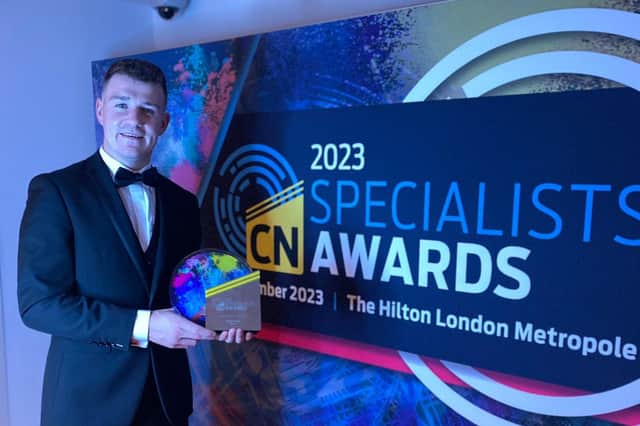 Conor Dallas (25) from Loughguile, County Antrim who is a final year apprentice at the College’s Ballymoney Campus, has been named Young Apprentice of the Year 2023 at the prestigious Construction News Specialists gala awards dinner at the Hilton London Metropole. Credit Northern Regional College