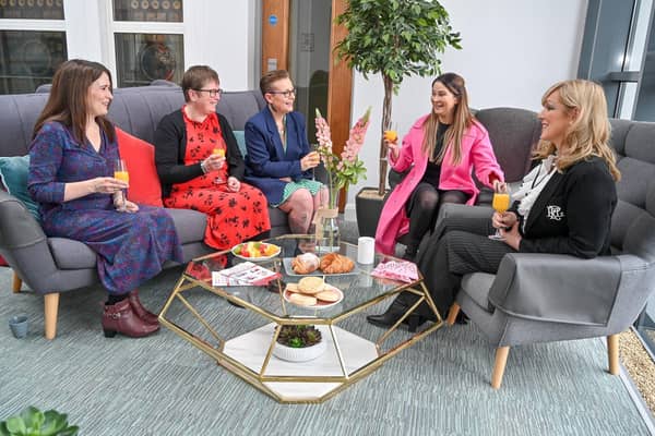 L-R Sinead Hoben (Action Cancer Ambassador), Martine Gilmour (Action Cancer Ambassador), Elaine Cahill (Action Cancer Ambassador), Kim Kelly (Mighty Women NI) and Adele Kennedy (Action Cancer Ambassador).
