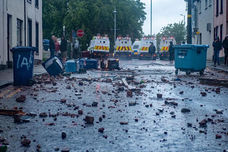 Debris on the streets and overturned bins in Portadown on Thursday night.